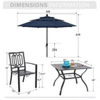 Captiva Designs 6pc Outdoor Patio Square Steel Dining Table with Stackable Metal Chairs and Market Umbrella