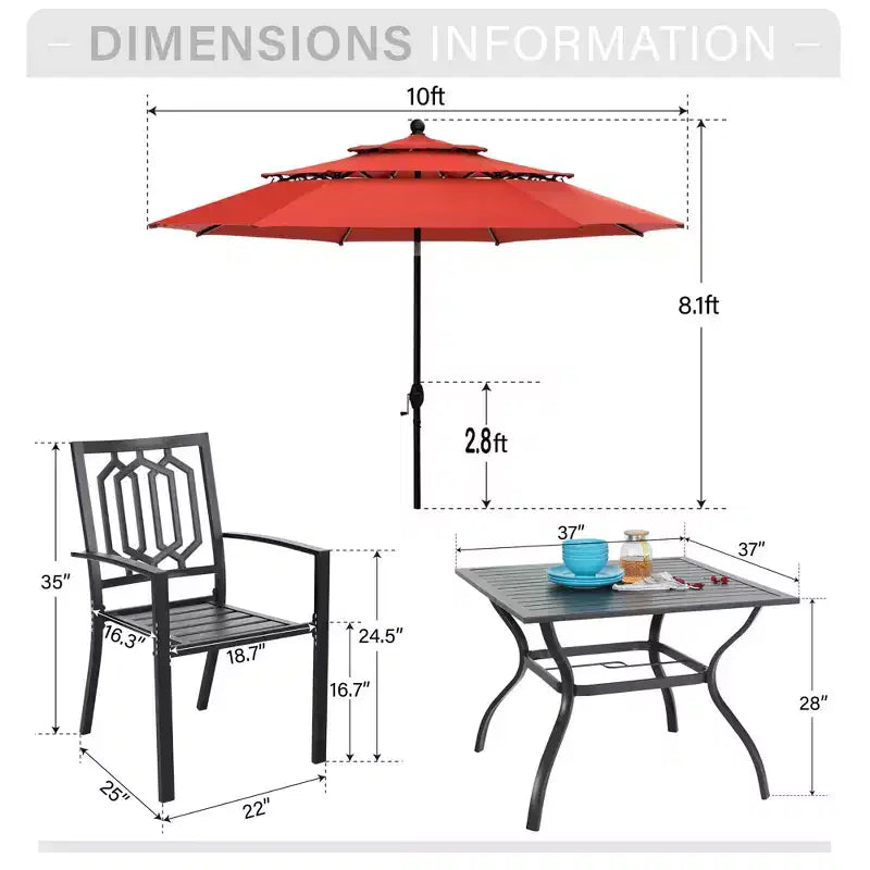 Captiva Designs 6pc Outdoor Patio Square Steel Dining Table with Stackable Metal Chairs and Market Umbrella