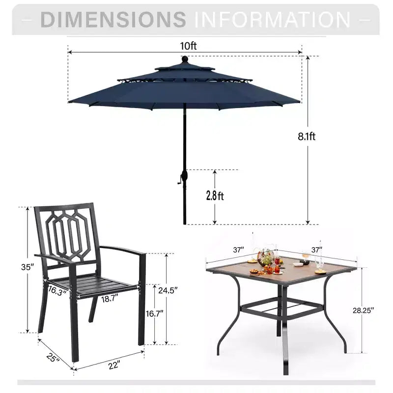 Captiva Designs 6pc Outdoor Patio Square Steel Dining Table with Stackable Metal Chairs and Market Umbrella