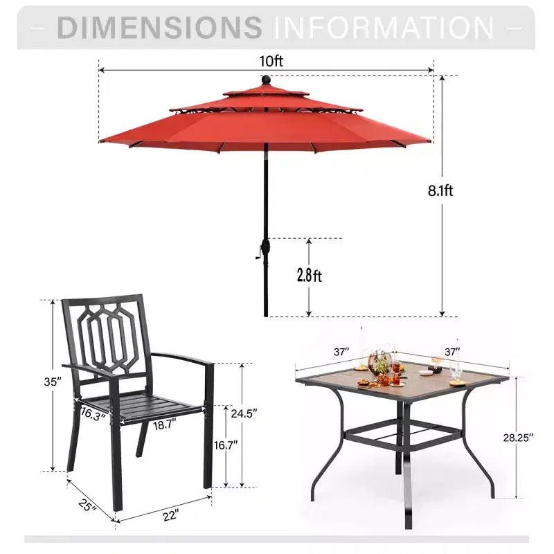 Captiva Designs 6pc Outdoor Patio Square Steel Dining Table with Stackable Metal Chairs and Market Umbrella