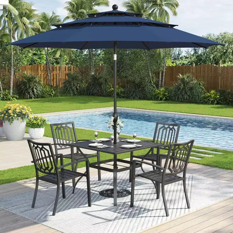 Captiva Designs 6pc Outdoor Patio Square Steel Dining Table with Stackable Metal Chairs and Market Umbrella