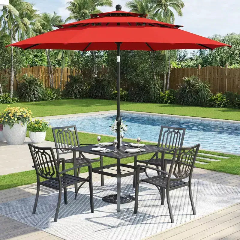 Captiva Designs 6-teiliges quadratisches Esstisch-Set aus Stahl für den Außenbereich mit stapelbaren Metallstühlen und Sonnenschirm