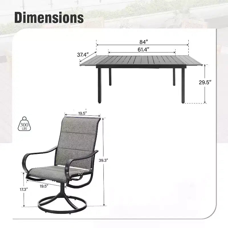 Captiva Designs 9pc Patio Dining Set with Slat-top Adjustable Steel Rectangle Table & Padded Textilene Swivel Chairs