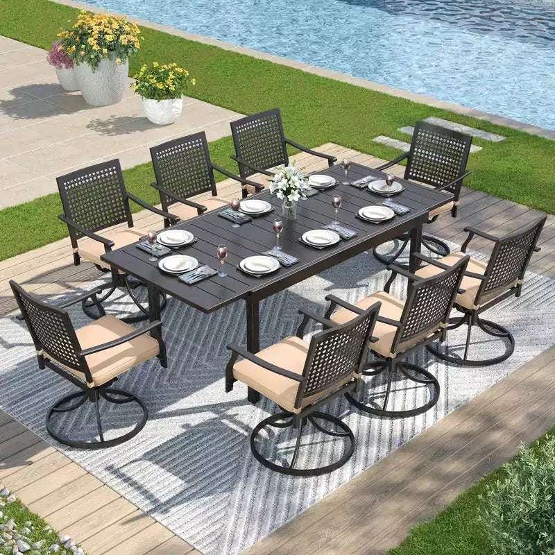 Captiva Designs 9-teiliges verstellbares rechteckiges Stahl-Essplatz-Set für die Terrasse mit Metallstühlen im Bull's-Eye-Muster