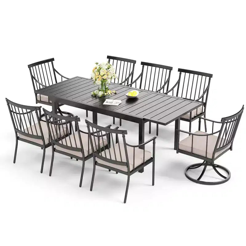 Captiva Designs 9pc Patio Dining Set with Slat-top Adjustable Steel Rectangle Table & Stylish Metal Arm Chairs