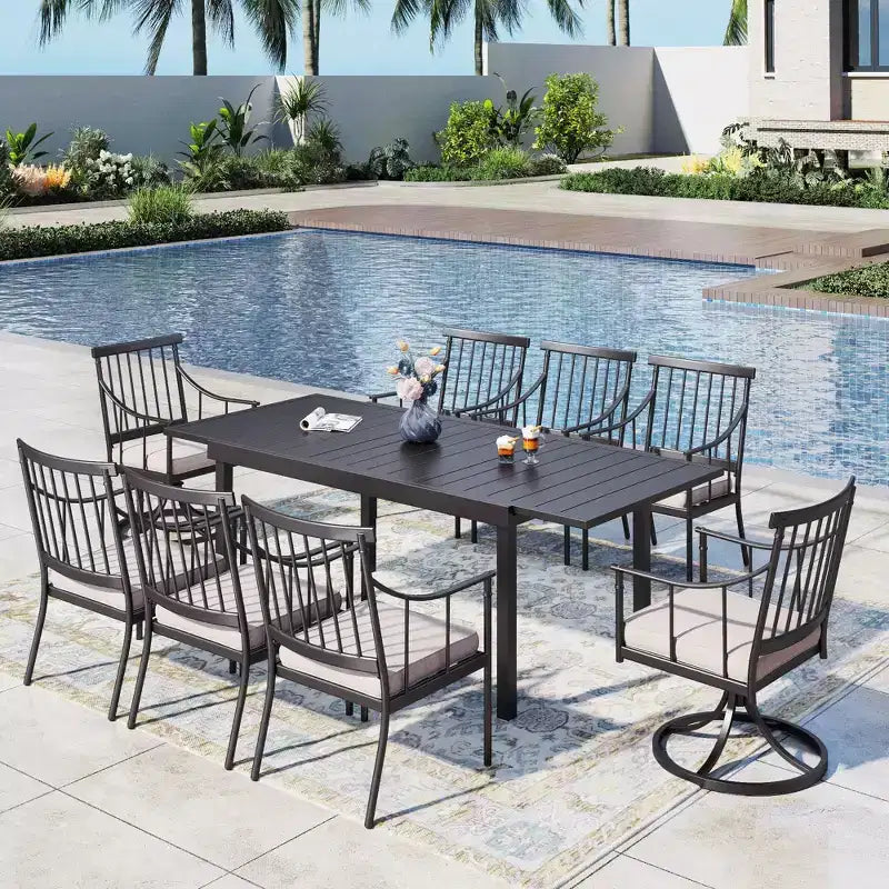 Captiva Designs 9-teiliges Essplatz-Set für die Terrasse mit verstellbarem rechteckigem Stahltisch mit Lattenplatte und stilvollen Metallstühlen mit Armlehnen
