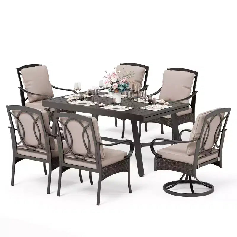 Captiva Designs 7pc Patio Dining Set with Slat-top Rectangle Table & Rattan Metal Fixed Chairs & Swivel Arm Chairs