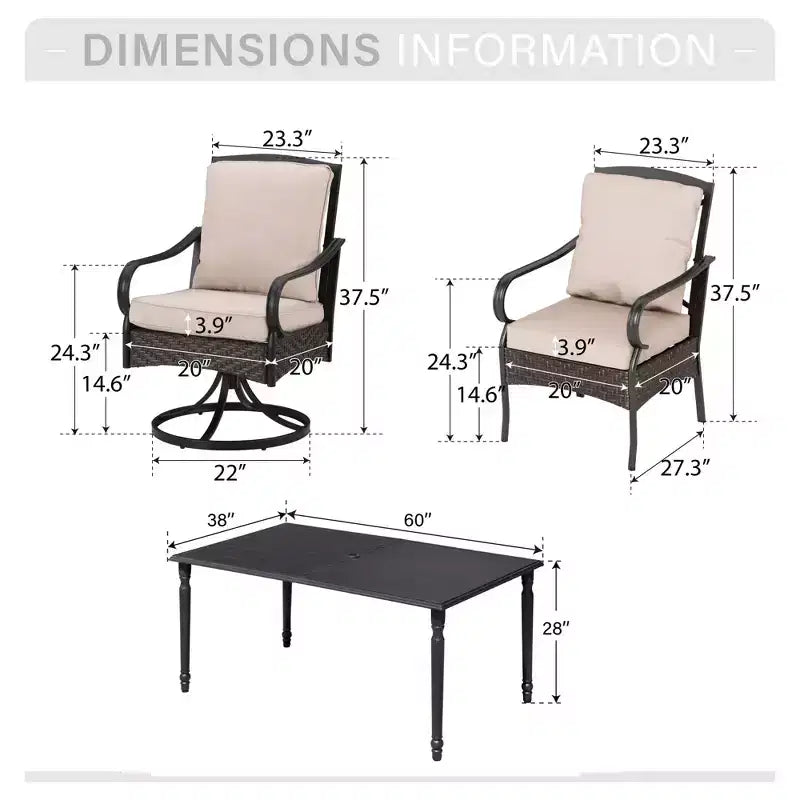 Captiva Designs 7pc Patio Dining Set with Slat-top Rectangle Table & Rattan Metal Fixed Chairs & Swivel Arm Chairs