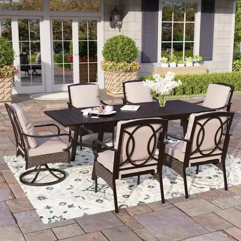 Captiva Designs 7pc Patio Dining Set with Slat-top Rectangle Table & Rattan Metal Fixed Chairs & Swivel Arm Chairs