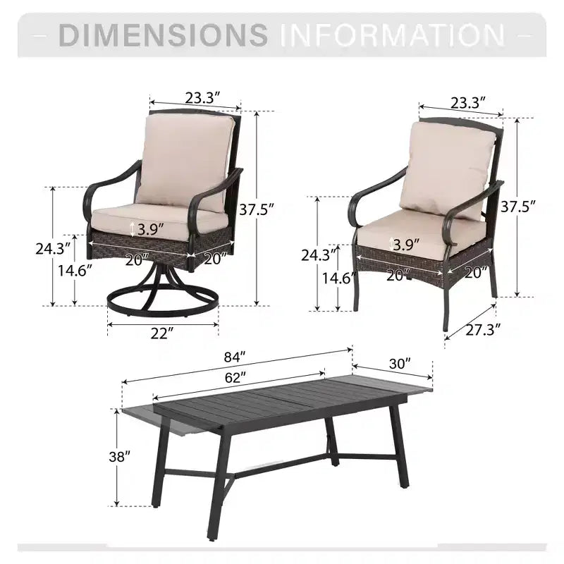 Captiva Designs 7pc Patio Dining Set with Slat-top Rectangle Table & Rattan Metal Fixed Chairs & Swivel Arm Chairs