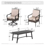 Captiva Designs 7pc Patio Dining Set with Slat-top Rectangle Table & Rattan Metal Fixed Chairs & Swivel Arm Chairs