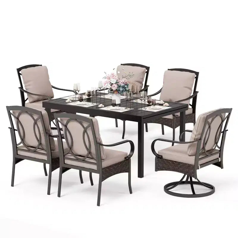 Captiva Designs 7pc Patio Dining Set with Slat-top Rectangle Table & Rattan Metal Fixed Chairs & Swivel Arm Chairs