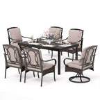 Captiva Designs 7pc Patio Dining Set with Slat-top Rectangle Table & Rattan Metal Fixed Chairs & Swivel Arm Chairs