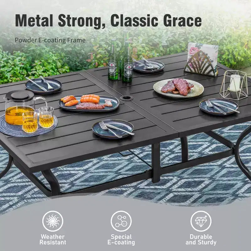 Captiva Designs 7pc Patio Dining Set with Slat-top Rectangle Table & Rattan Metal Fixed Chairs & Swivel Arm Chairs