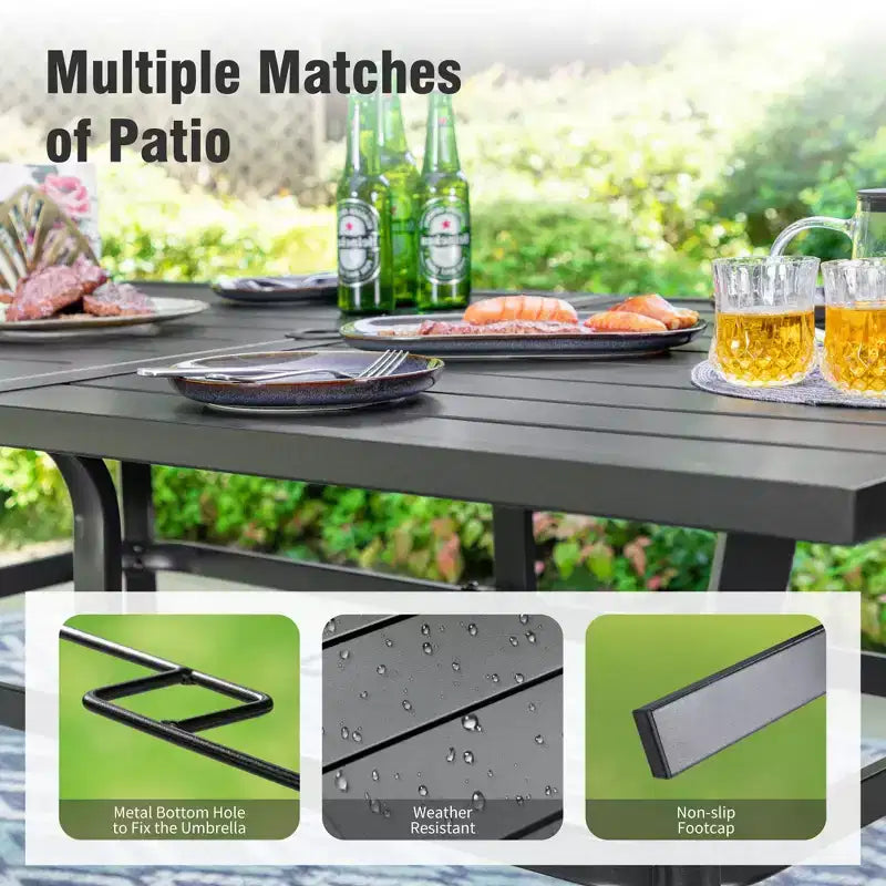 Captiva Designs 7pc Patio Dining Set with Slat-top Rectangle Table & Rattan Metal Fixed Chairs & Swivel Arm Chairs