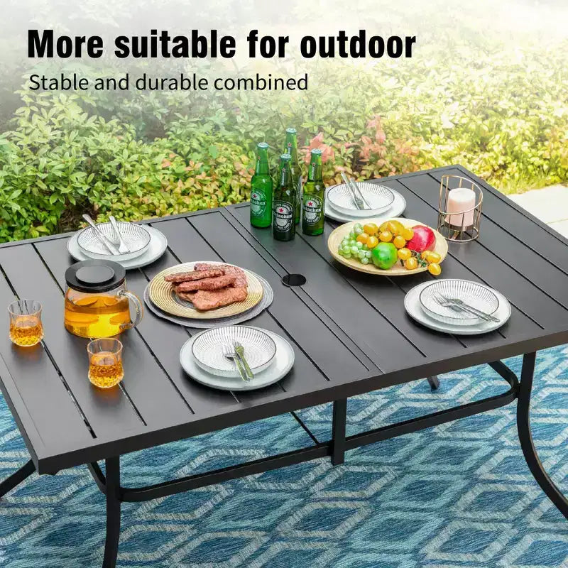 Captiva Designs 7pc Patio Dining Set with Slat-top Rectangle Table & Sling Fixed Dining Chairs