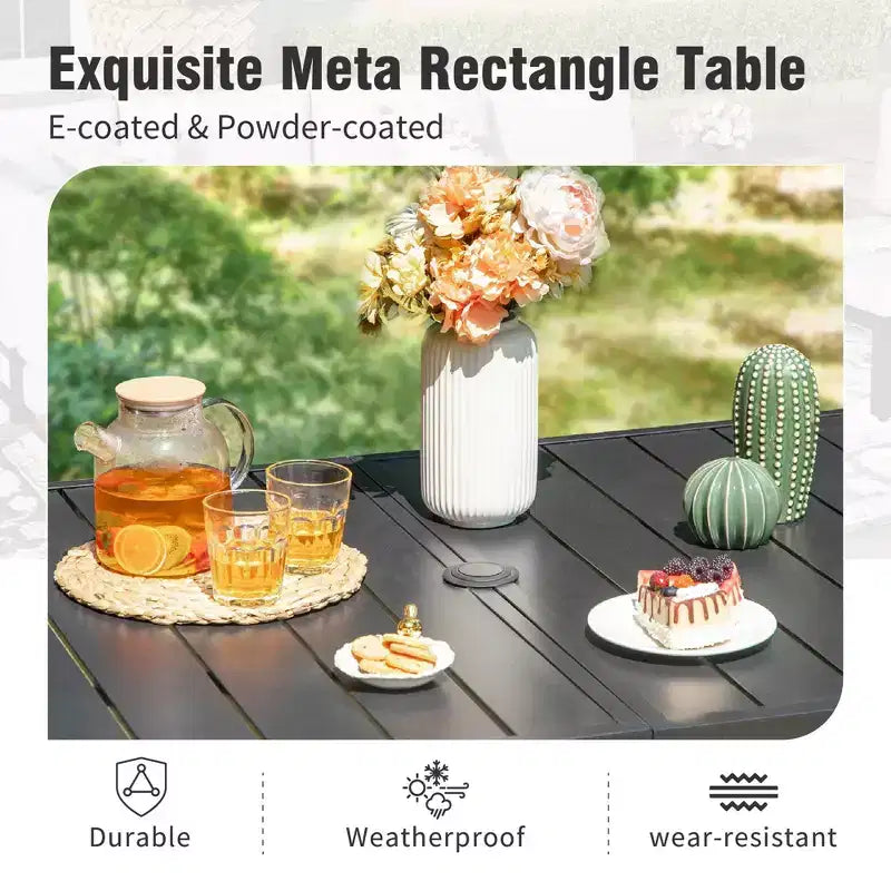Captiva Designs 7pc Patio Dining Set with Slat-top Rectangle Table & Sling Fixed Dining Chairs
