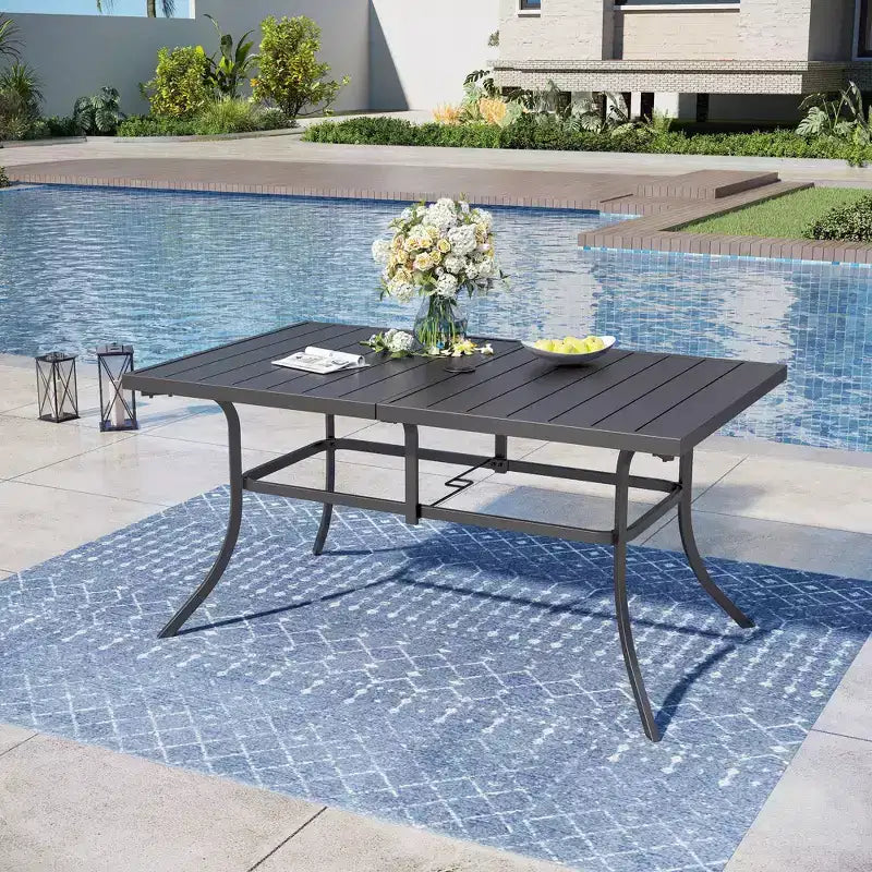 Captiva Designs 7pc Patio Dining Set with Slat-top Rectangle Table & Sling Fixed Dining Chairs