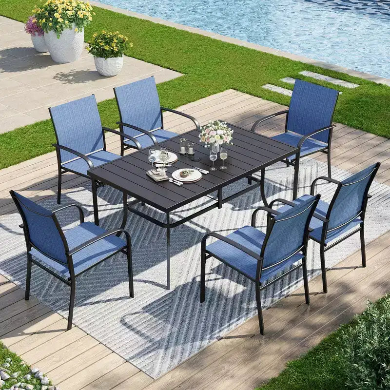 Captiva Designs 7-teiliges Essplatz-Set für die Terrasse mit rechteckigem Tisch mit Lattenplatte und feststehenden Sling-Esszimmerstühlen