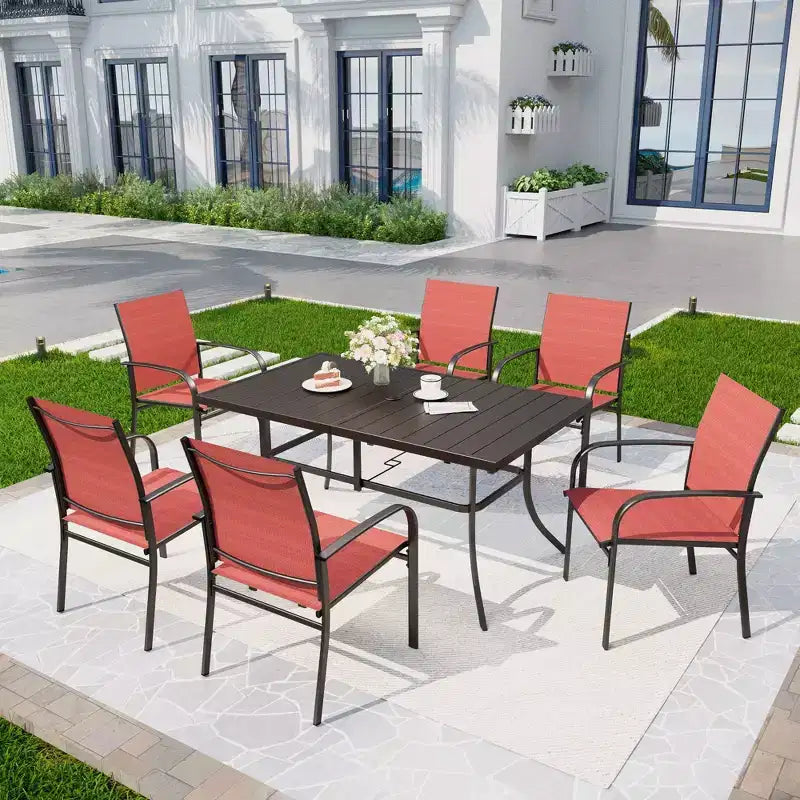 Captiva Designs 7-teiliges Essplatz-Set für die Terrasse mit rechteckigem Tisch mit Lattenplatte und feststehenden Sling-Esszimmerstühlen