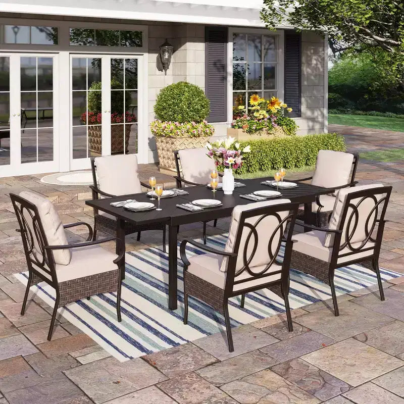 Captiva Designs 7pc Patio Dining Set with Rectangle Steel Table & Rattan Metal Arm Chairs