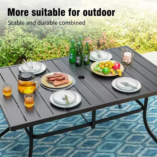 Set da pranzo da patio Captiva Designs da 7 pezzi con tavolo rettangolare in acciaio e poltroncine in metallo e rattan