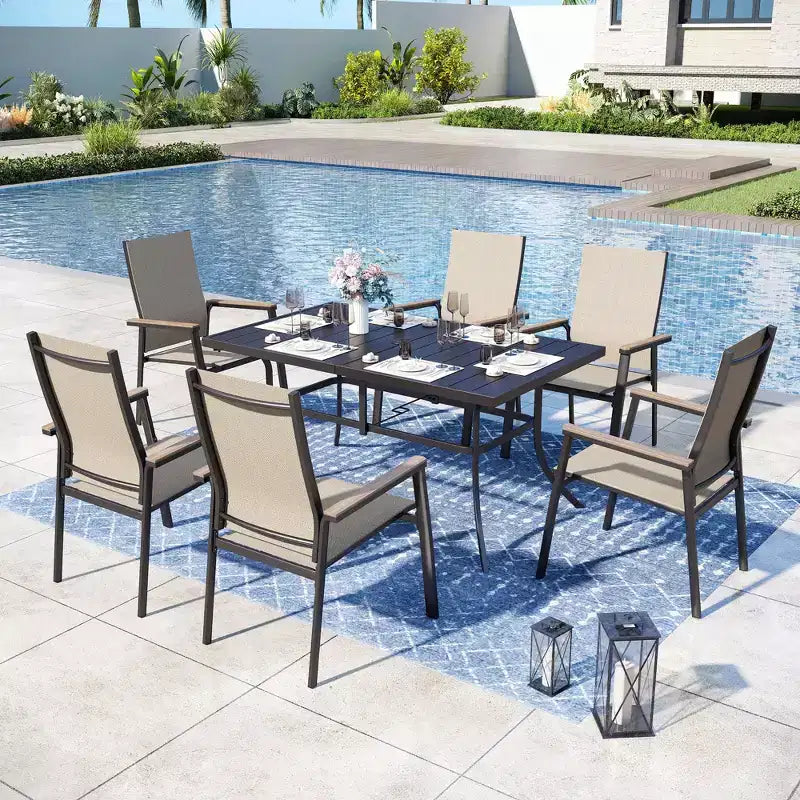 Captiva Designs 7-teiliges Terrassen-Essset mit rechteckigem Stahltisch und Textilene-Stühlen mit Aluminiumrahmen