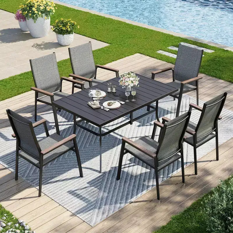 Captiva Designs 7-teiliges Terrassen-Essset mit rechteckigem Stahltisch und Textilene-Stühlen mit Aluminiumrahmen
