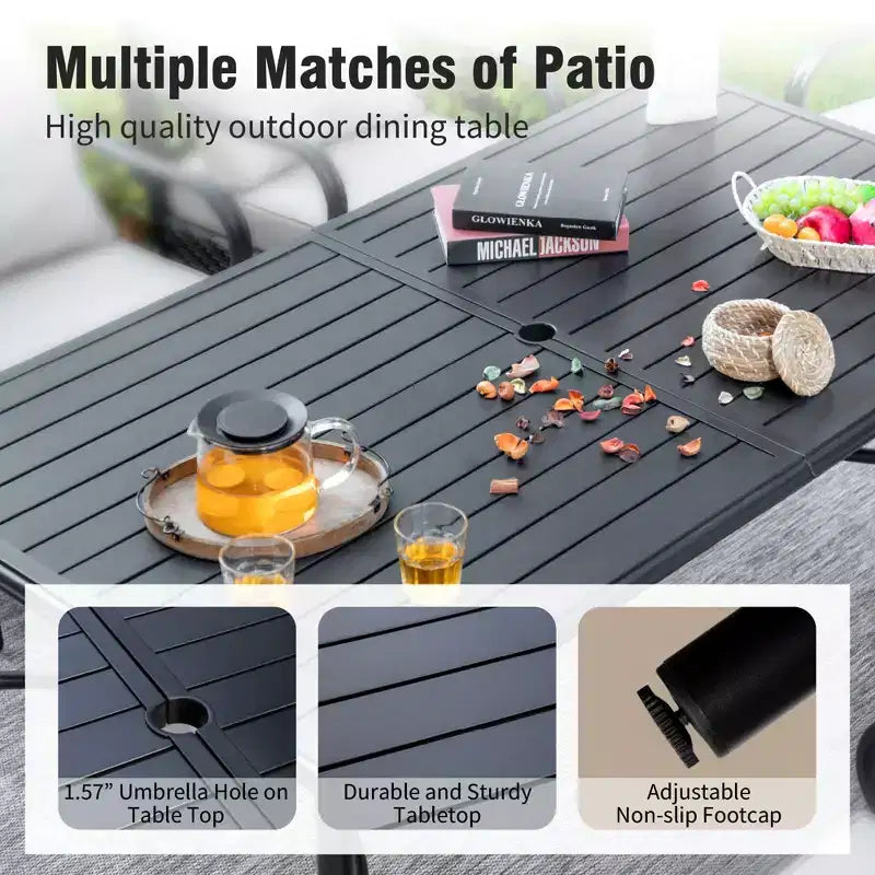 Captiva Designs 7pc Patio Dining Rectangle Steel Table with C-shaped Cross Bracket & Sling Fixed Chairs