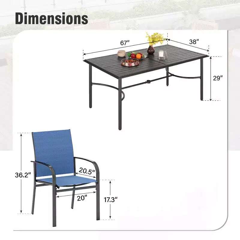 Captiva Designs 7pc Patio Dining Rectangle Steel Table with C-shaped Cross Bracket & Sling Fixed Chairs
