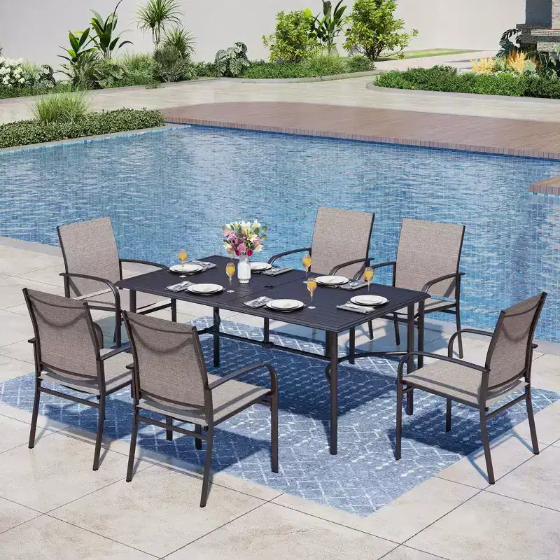 Captiva Designs 7-teiliges rechteckiges Stahl-Garten-Esszimmerset mit C-förmiger Querstrebe und festen Stühlen mit Sling-Bezug