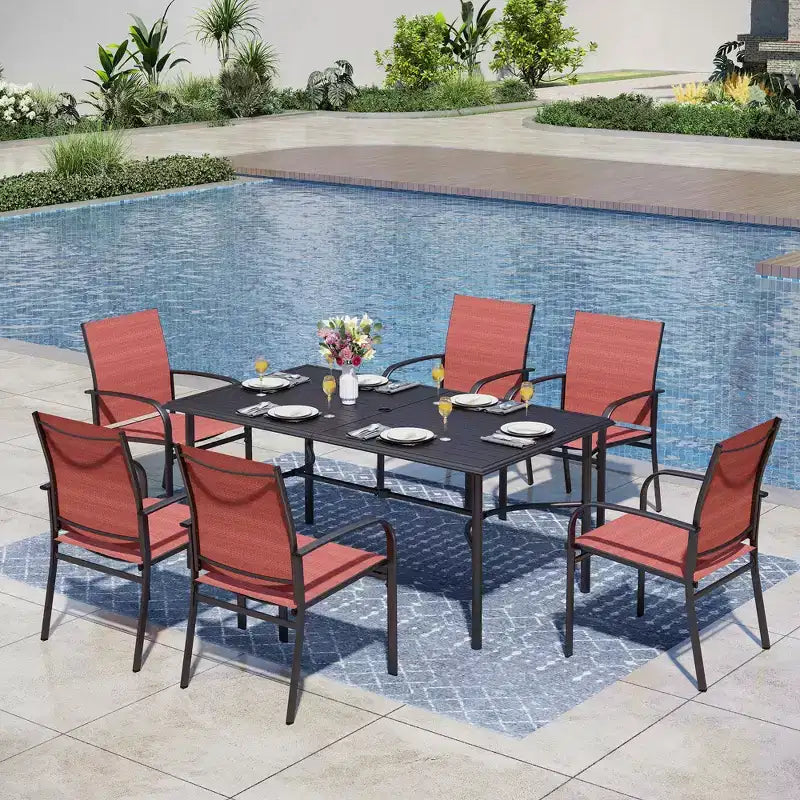 Captiva Designs 7-teiliges rechteckiges Stahl-Garten-Esszimmerset mit C-förmiger Querstrebe und festen Stühlen mit Sling-Bezug