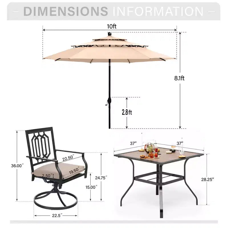 Captiva Designs 6pc Patio Square Table & Fusiform Back Metal Chairs & Beige Umbrella