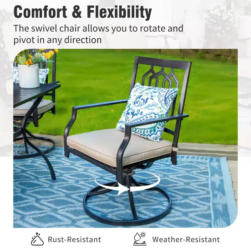 Captiva Designs 6pc Patio Square Table & Fusiform Back Metal Chairs & Beige Umbrella
