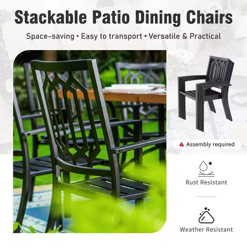 Captiva Designs 6pc Patio Square Table & Fusiform Back Metal Chairs & Beige Umbrella