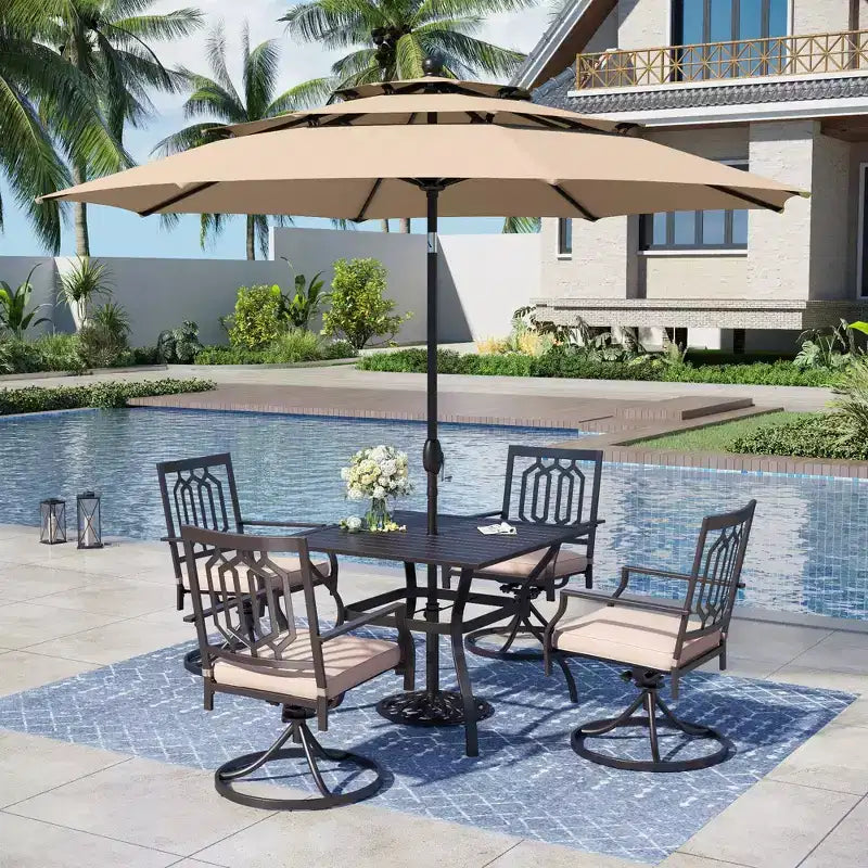 Captiva Designs 6-teiliges quadratisches Terrassentisch-Set mit Metallstühlen mit spitz zulaufender Rückenlehne und beigefarbenem Sonnenschirm