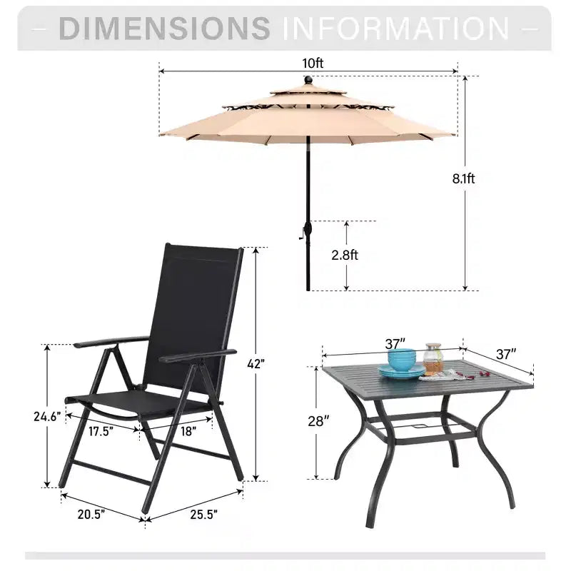Captiva Designs 6pc Patio Slat-top Square Table & Textilene Reclining Foldable Chairs & Market Umbrella