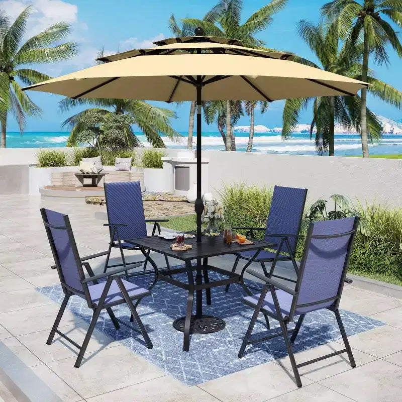 Captiva Designs 6-teiliges Essplatz-Set für die Terrasse mit quadratischem Tisch mit Lamellenplatte, verstellbaren, klappbaren Textilene-Stühlen und Marktschirm