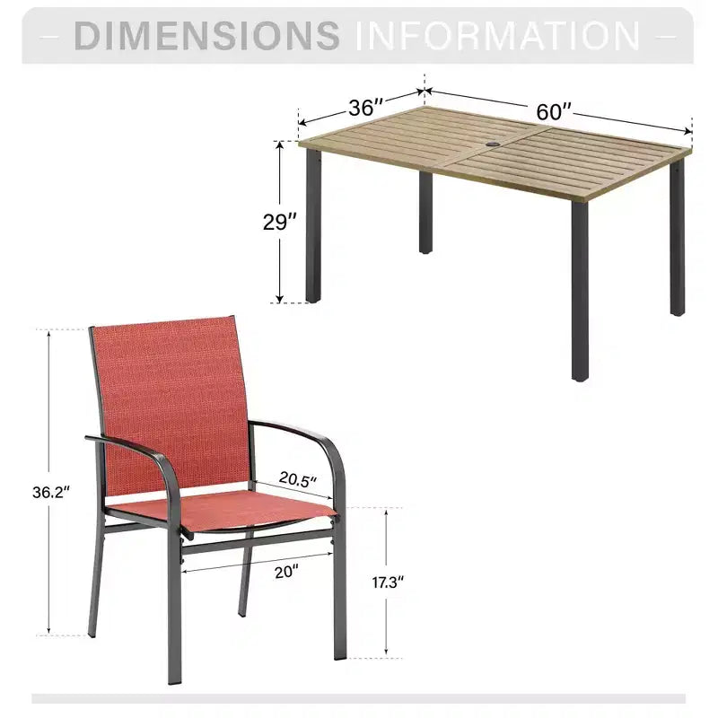 Captiva Designs 7pc Outdoor Patio Wood-look Slatted Top Steel Dining Table & Sling Fixed Chairs