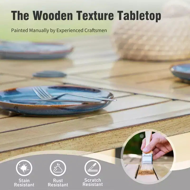 Captiva Designs 7pc Outdoor Patio Wood-look Slatted Top Steel Dining Table & Sling Fixed Chairs