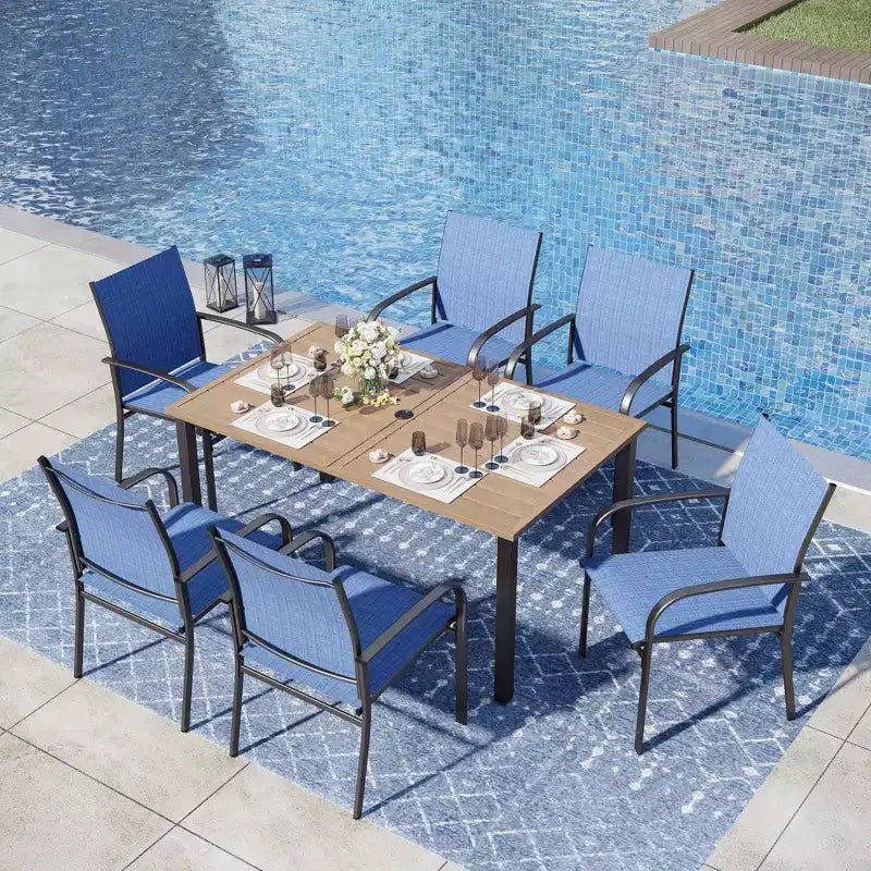 Captiva Designs 7-teiliges Outdoor-Terrassen-Set mit Esstisch aus Stahl, Lamellenplatte in Holzoptik und festen Sling-Stühlen