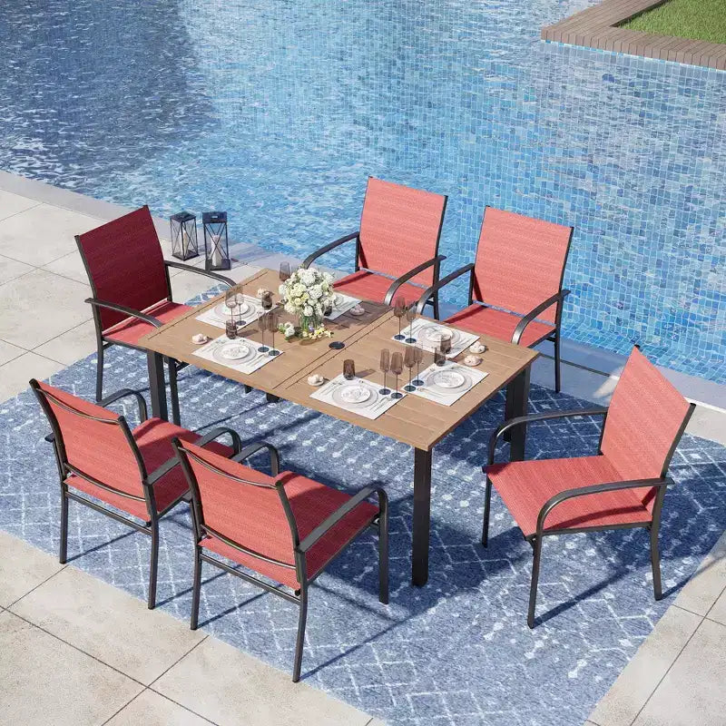 Captiva Designs 7-teiliges Outdoor-Terrassen-Set mit Esstisch aus Stahl, Lamellenplatte in Holzoptik und festen Sling-Stühlen