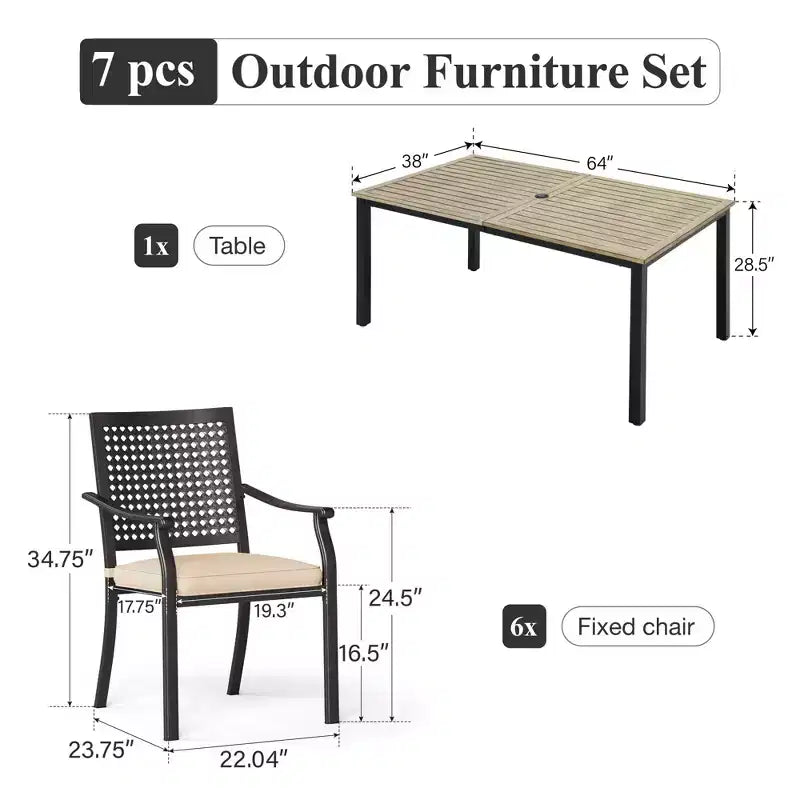 Captiva Designs 7pc Patio Wood-look Steel Dining Table with Umbrella Hole & Stackable Chairs with Bull's Eye Pattern