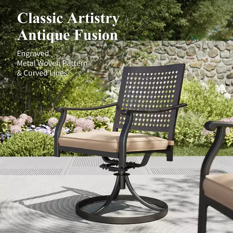 Captiva Designs 7pc Patio Wood-look Steel Dining Table with Umbrella Hole & Stackable Chairs with Bull's Eye Pattern