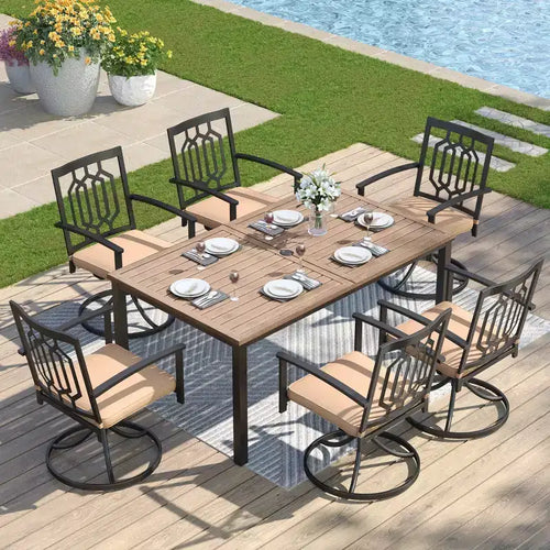 Captiva Designs 7-teiliges Esszimmer-Set für die Terrasse mit rechteckigem Stahltisch in Driftwood-Optik und Metallstühlen mit Armlehnen