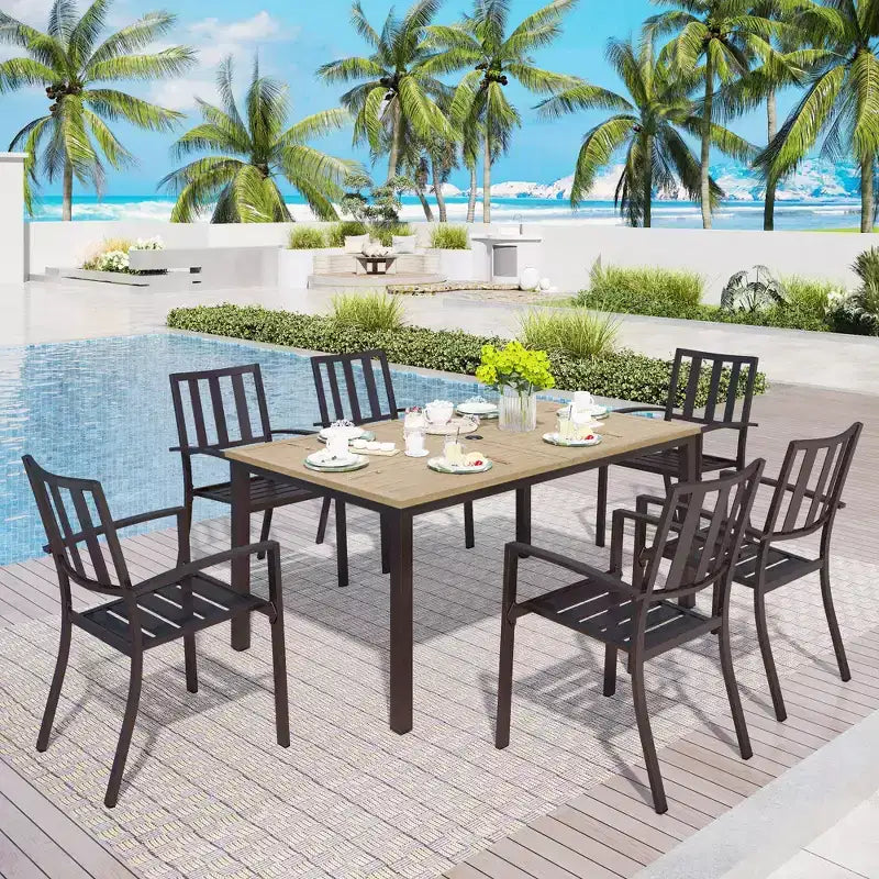 Captiva Designs 7-teiliges Esszimmer-Set für die Terrasse mit rechteckigem Stahltisch in Driftwood-Optik und Metallstühlen mit Armlehnen