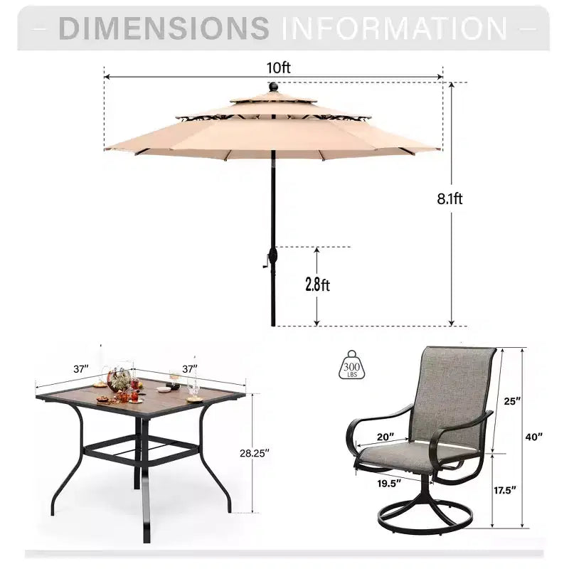 Captiva Designs 6pc Patio Square Steel Dining Table & Sling Swivel Chairs & Market Umbrella