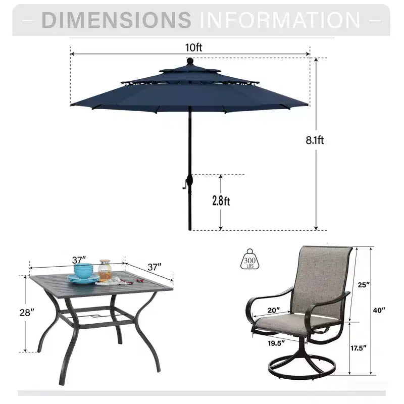 Captiva Designs 6pc Patio Square Steel Dining Table & Sling Swivel Chairs & Market Umbrella