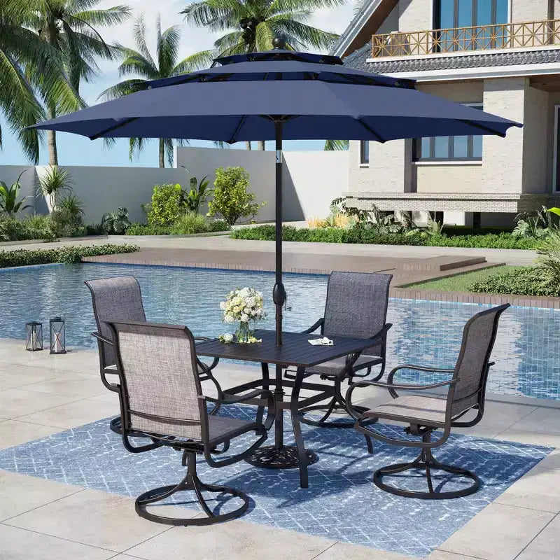 Captiva Designs 6-teiliges quadratisches Stahl-Essplatz-Set für die Terrasse mit Drehstühlen aus Gurtgewebe und Marktschirm
