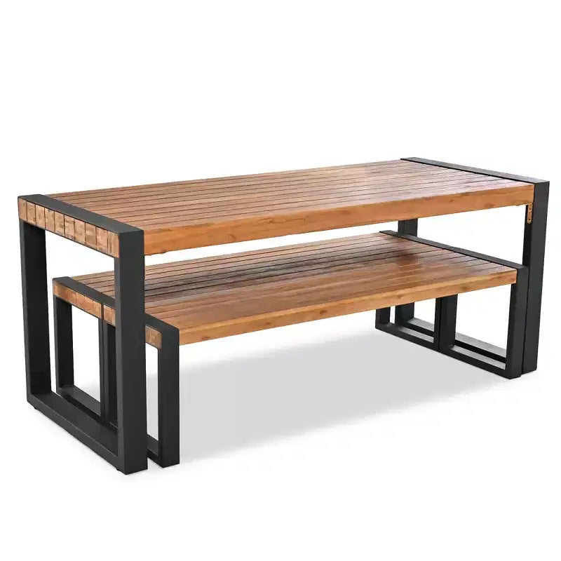 3pcs Patio Dining Set, Outdoor Dining Table With 2 Benches, Acacia Wood Top & Steel Frame, All Weather, Outdoor & Indoor, Natural -ModernLuxe